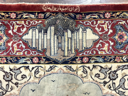 Persian Isfahan Pictorial Rug 3.6 x 5.7, Very Fine 400 KPSI, Historical Buildings, Signed By Masterweaver, Handmade