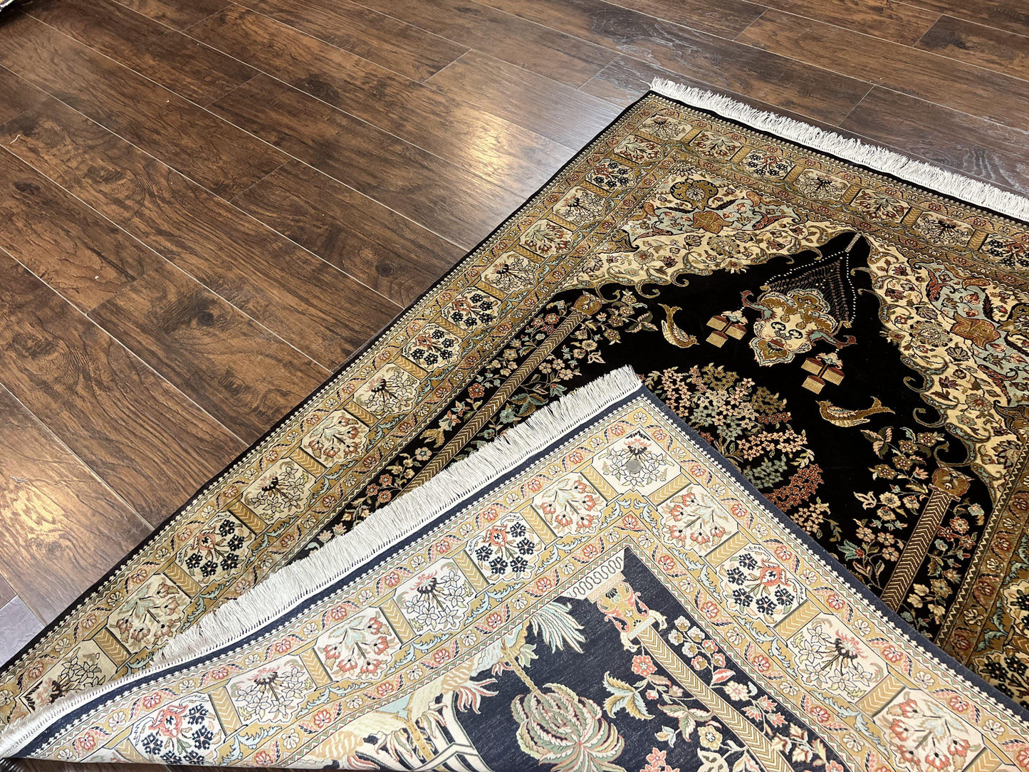 Wonderful Sino Persian Silk Rug 4x6, Tree of LIfe Design, Masterpiece 575 KPSI, Birds, Prayer Rug, Black, Silk on Silk