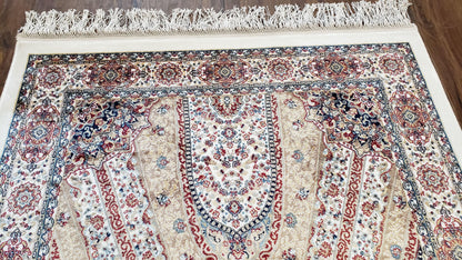 Beige & Cream Small Turkish Silk Rug, Bamboo Silk, Power-Loomed, Persian Design, High Quality, Soft Accent Rug, 3x5 ft, 2' 8" x 4' 11"
