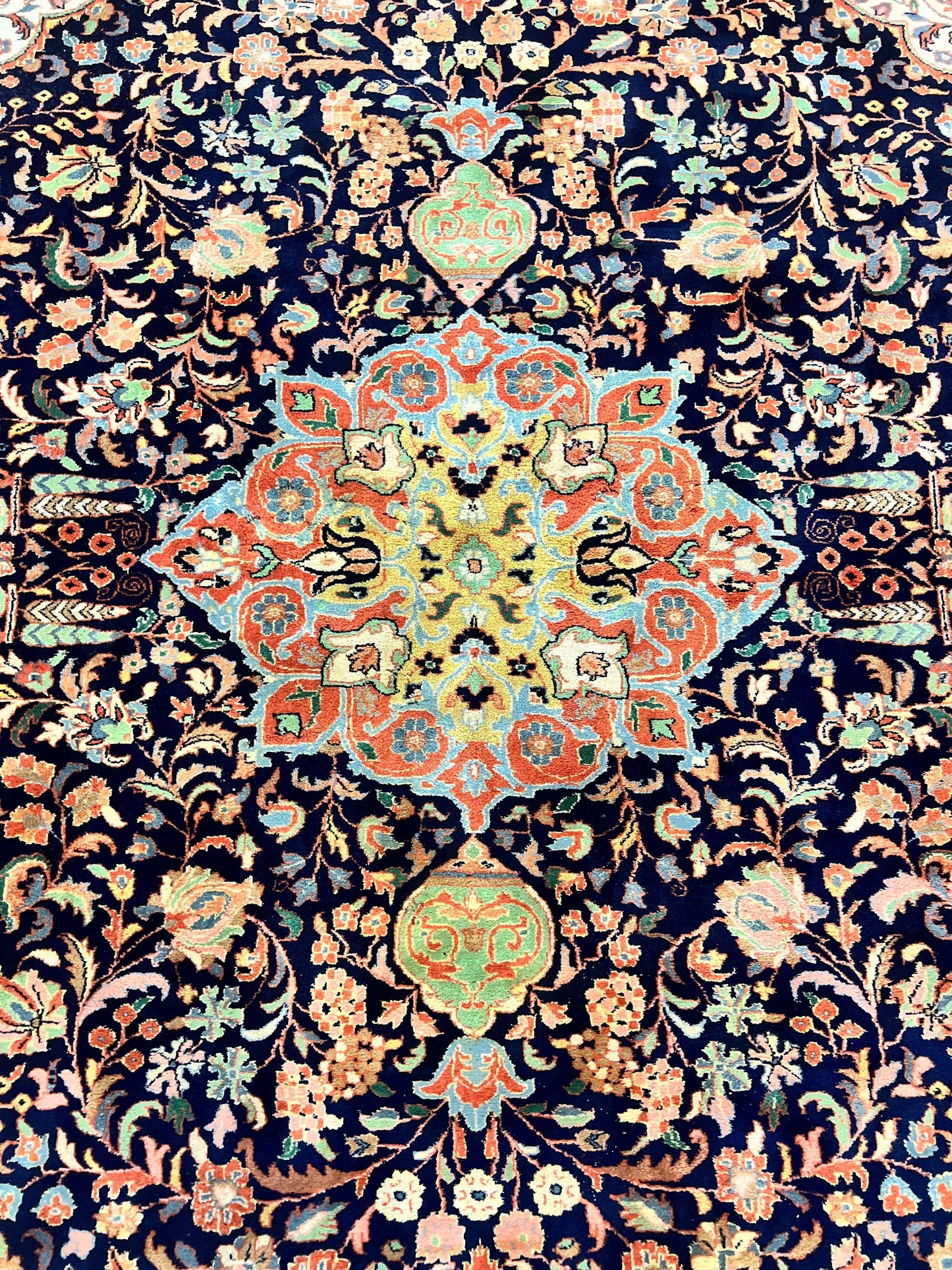 Indo Persian Rug 8x10, Midnight Blue & Red, Handmade Vintage Wool Carpet, Floral Medallion