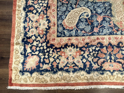 Antique Persian Sarouk Rug 9x12, Boteh Paisleys, Light Red Navy Blue