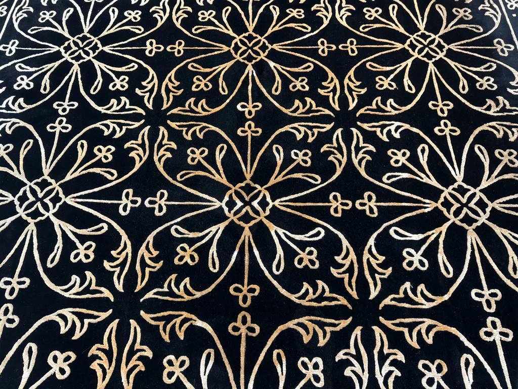 Tibetan Rug 8x10, Wool and Silk, Raised Pattern, Black and Gold, Floral