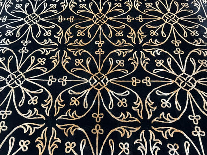 Tibetan Rug 8x10, Wool and Silk, Raised Pattern, Black and Gold, Floral