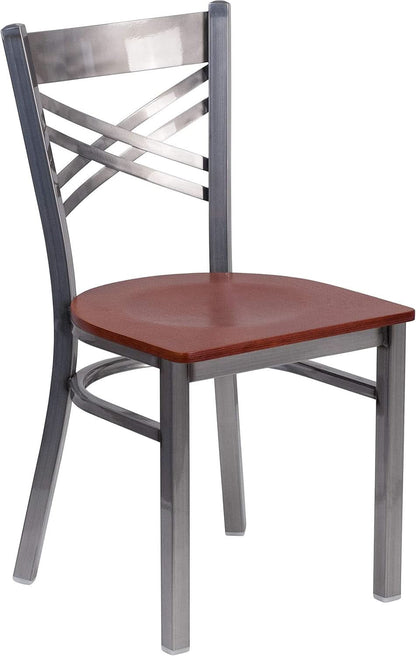 2 Pack Hercules Series X Back Metal Dining Chairs With Cherry Wood Seat For Restaurant Or Home Dining