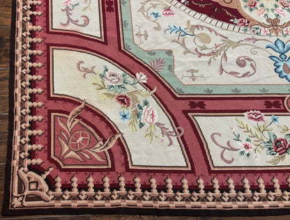 Needlepoint Rug 7.9 x 9, Beige Maroon Rose, Handmade Handwoven Flatweave Aubusson Savonnerie French European Elegant Carpet, Wool Rug