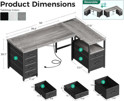 L Shaped Computer Desk With 6 Drawers And Power Outlet