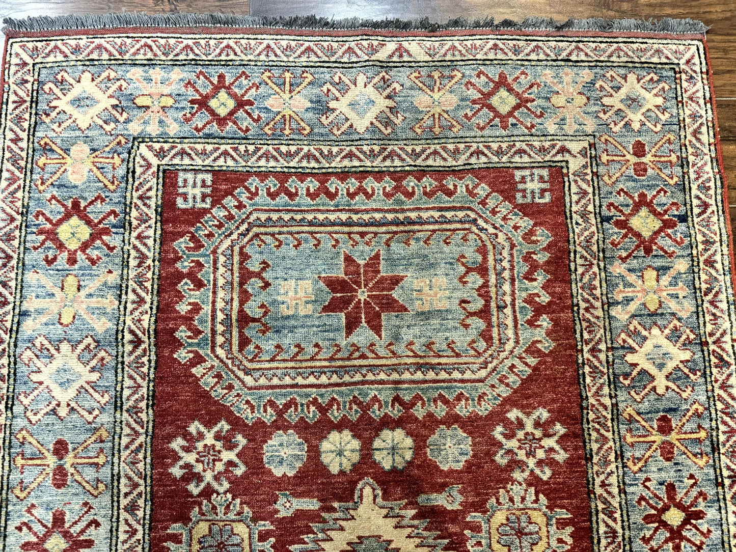 Turkish Kazak Rug 4x6, Handmade Vintage Wool Carpet, Geometric Design, Red and Light Blue