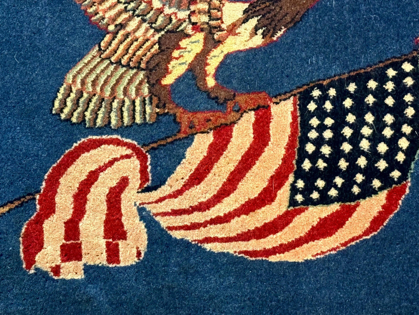Pictorial Rug of American Flag with Bald Eagle, Small Indo Persian Pictorial Rug, Blue, Handmade, Very Fine 330 KPSI