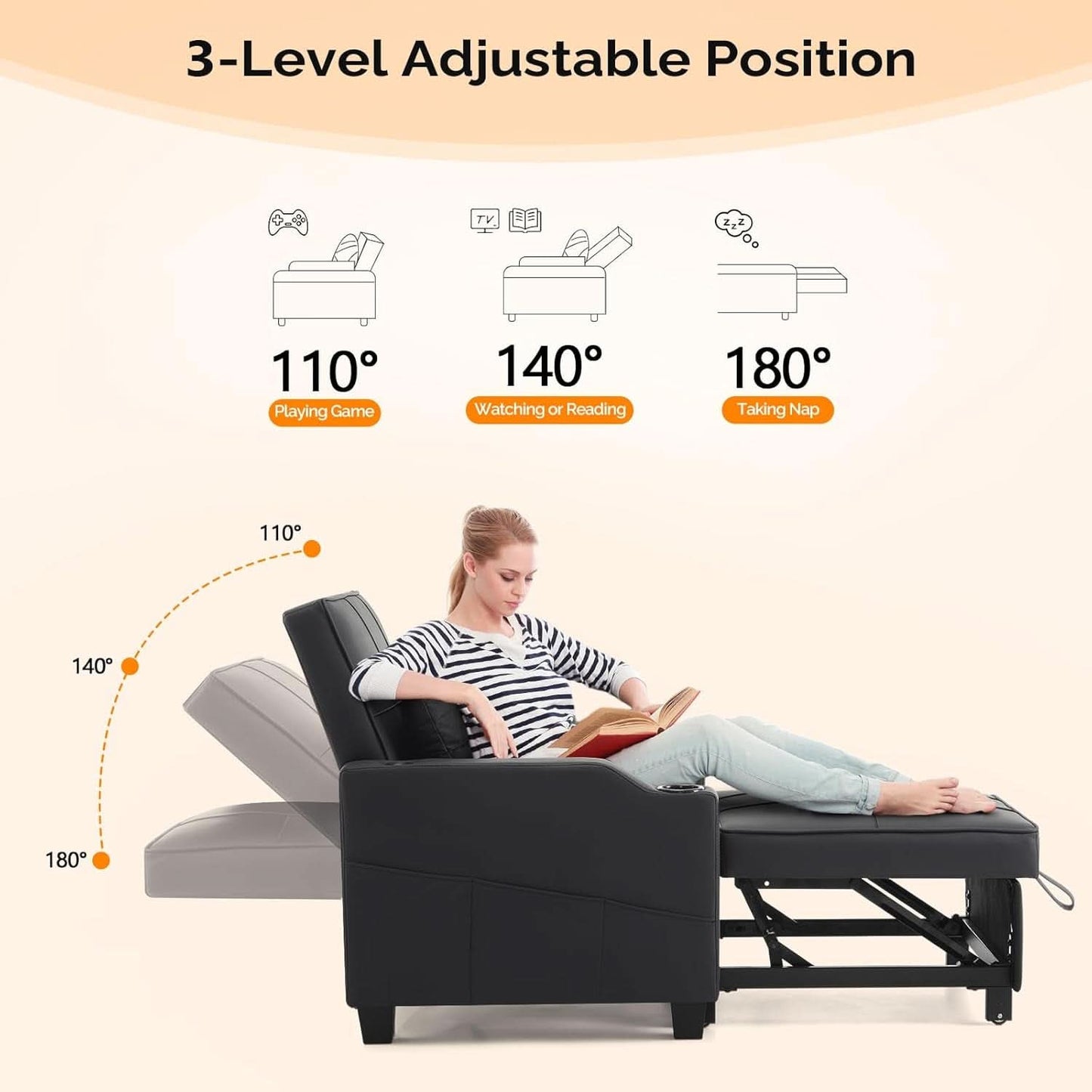 Black Multifunctional Sleeper Chair Sofa Bed Usb Ports
