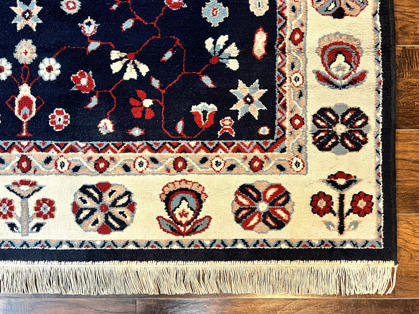 Belgium Power Loomed Rug 5.6 x 7, Navy Blue and Ivory, Heriz Pattern, Vintage Oriental Carpet