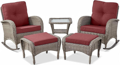 5 Piece Patio Rocking Chairs Set With Wicker Ottomans