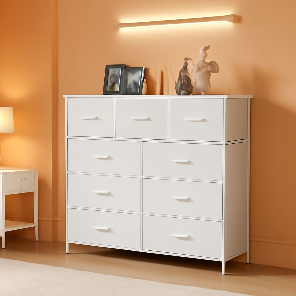Sturdy Nine Drawer Dresser With Wood Top And Steel Frame