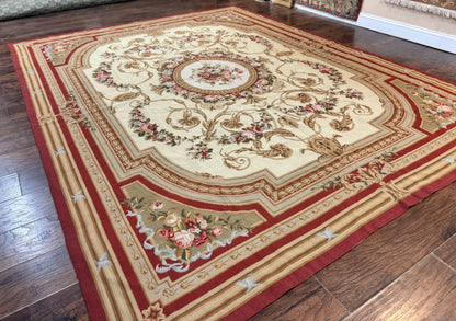 Aubusson Needlepoint Rug 9x11, Handmade Vintage Wool Flatweave Carpet, Elegant European Rug, Floral, Cream