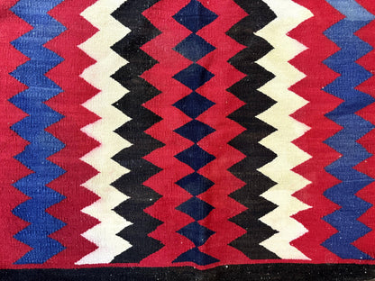 Antique Navajo Rug 3.7 x 2.8, Red Ivory Blue, Zig Zag Pattern, Handmade, Wool