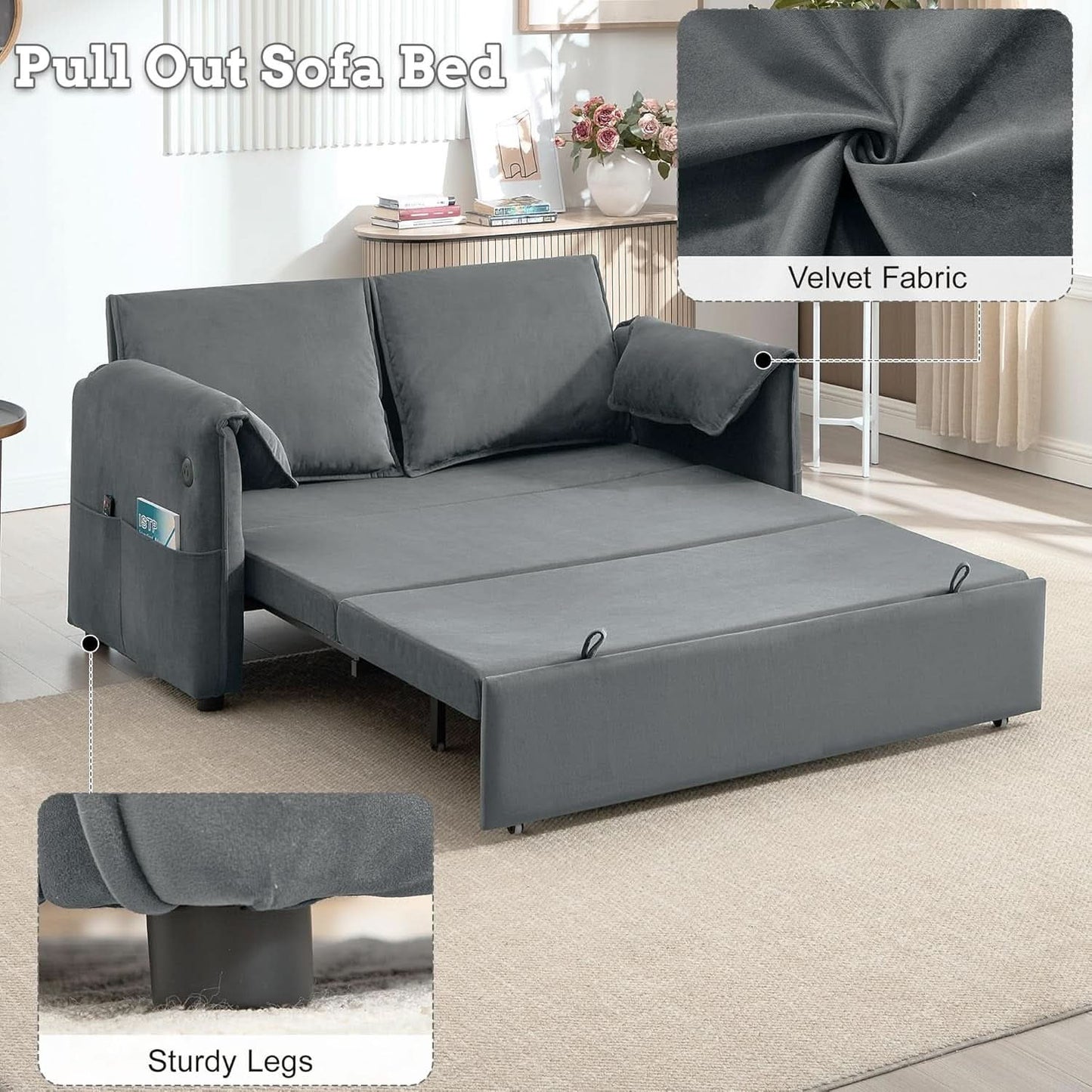 Sixty ThreeInch Pullout Velvet SofaBed Premium Edition