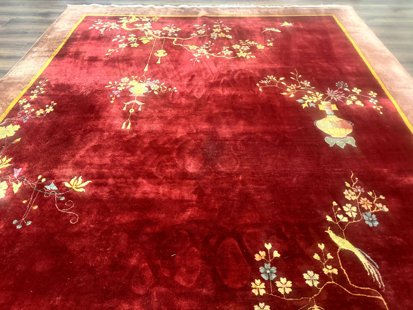 Red Chinese Art Deco Rug 9x11, Simple Design, Wool Chinese Area Rug, Antique