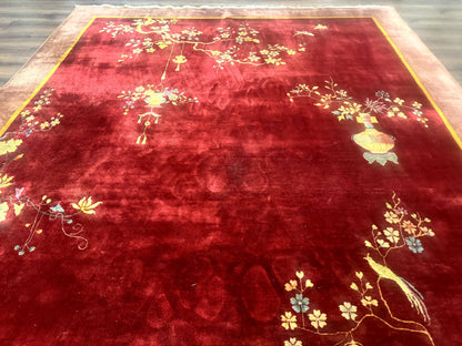 Red Chinese Art Deco Rug 9x11, Simple Design, Wool Chinese Area Rug, Antique