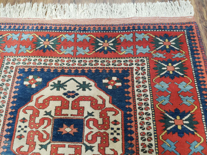 Turkish Kazak Rug 5x6 Vintage Handmade Wool Carpet Geometric Blue Red