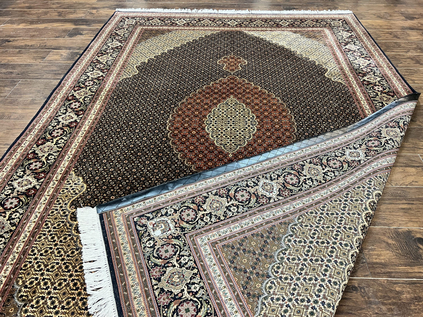 Persian Tabriz Rug 7x10, Very Fine 330 KPSI 50 Raj, Black and Beige, Handmade Wool Vintage Persian Carpet