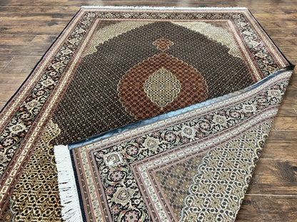 Persian Tabriz Rug 7x10, Very Fine 330 KPSI 50 Raj, Black and Beige, Handmade Wool Vintage Persian Carpet