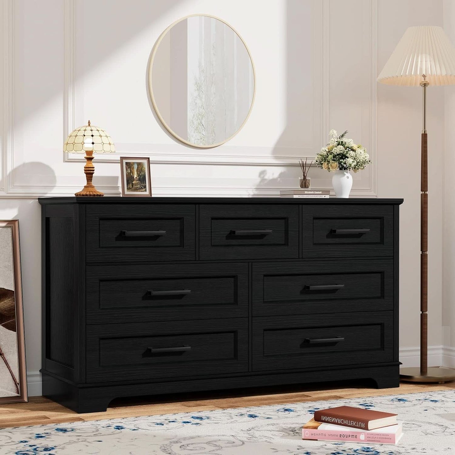 Seven Drawer Dresser For Bedroom Black Finish Storage