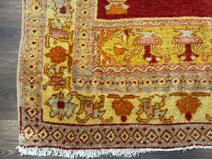 Antique Turkish Prayer Rug 4x6, Red and Golden Mustard, Mihrab Design, Anatolian Carpet