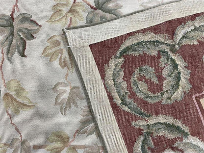 Traditional Aubusson Needlepoint Rug 9 x 12, Flowers, Flatweave Carpet, Hand-Knotted, Brand New, Cream Color, Green, Maroon Red, Wool