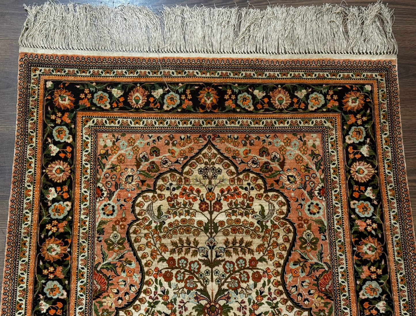 Exceptional Silk Rug 2.6 x 4, Very Fine 630 KPSI, Persian Vase Tree of Life Bird Pictorials, Handmade