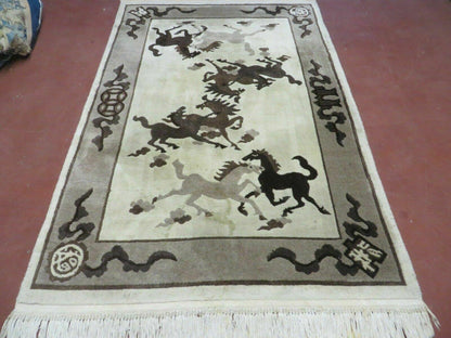 4' X 6' Modern Tibetan Nepal Art Deco Chinese Hand Knotted Wool Rug Horses Nice