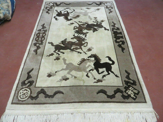 4' X 6' Modern Tibetan Nepal Art Deco Chinese Hand Knotted Wool Rug Horses Nice