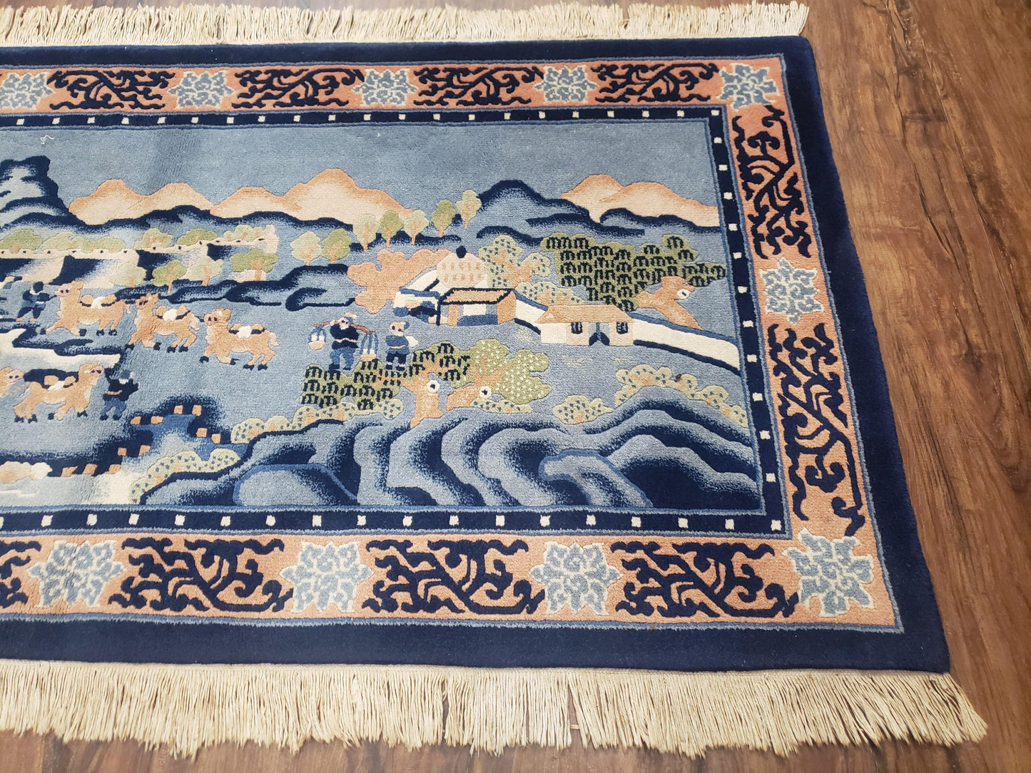 Vintage Chinese Pictorial Rug 2'4" x 4' 7", Chinese Village, Wool Hand-Knotted Blue & Teal Fine Carpet, Tapestry Rug, Woven Wall Art