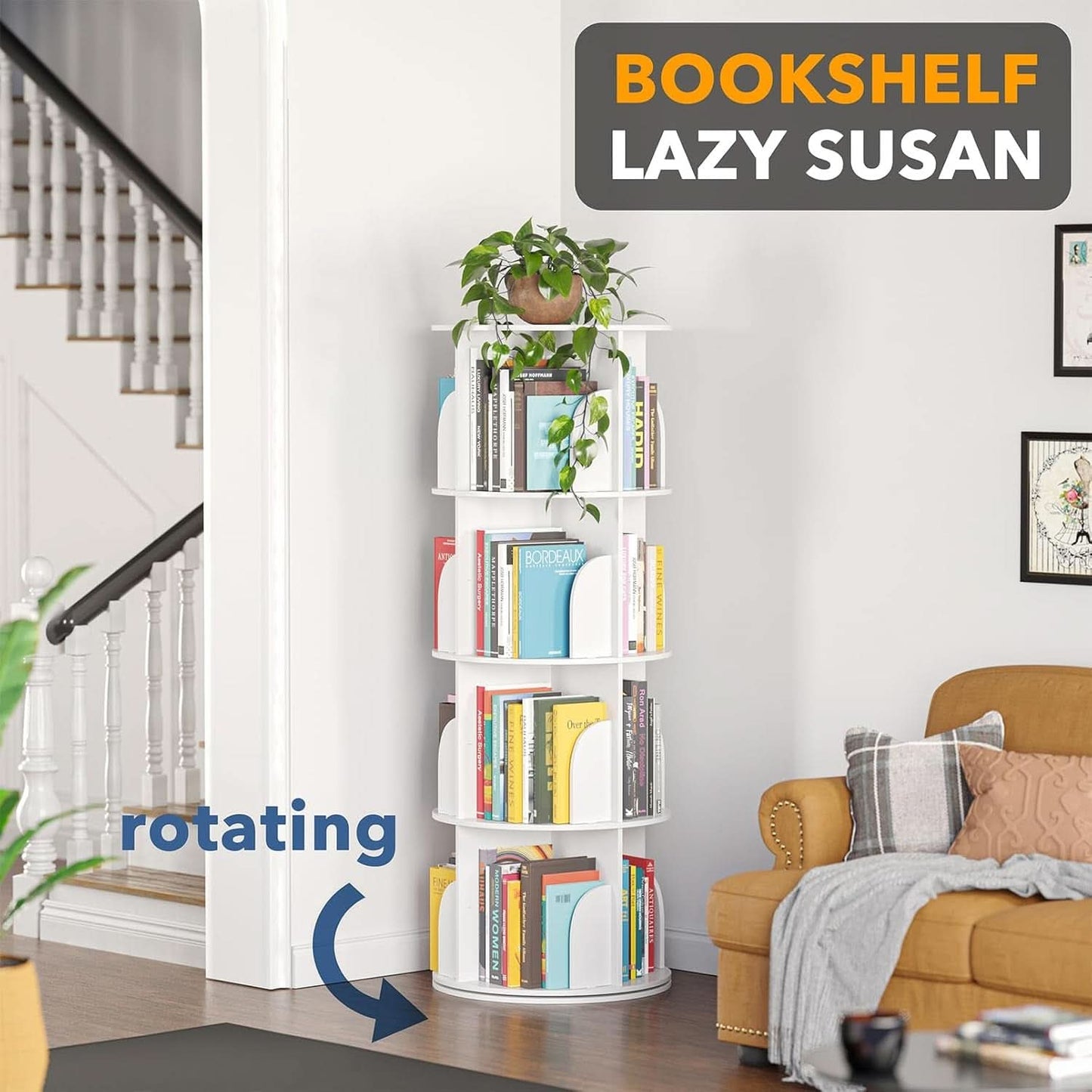 4 Tier Rotating Bookshelf Tower White Spinning Bookcase