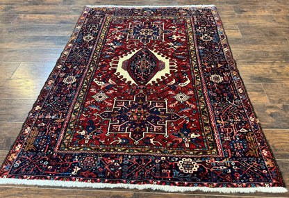 Persian Karajeh Rug 5x6, Antique Heriz Carpet, Geometric, Persian Tribal Rug, Brick Red Navy Blue