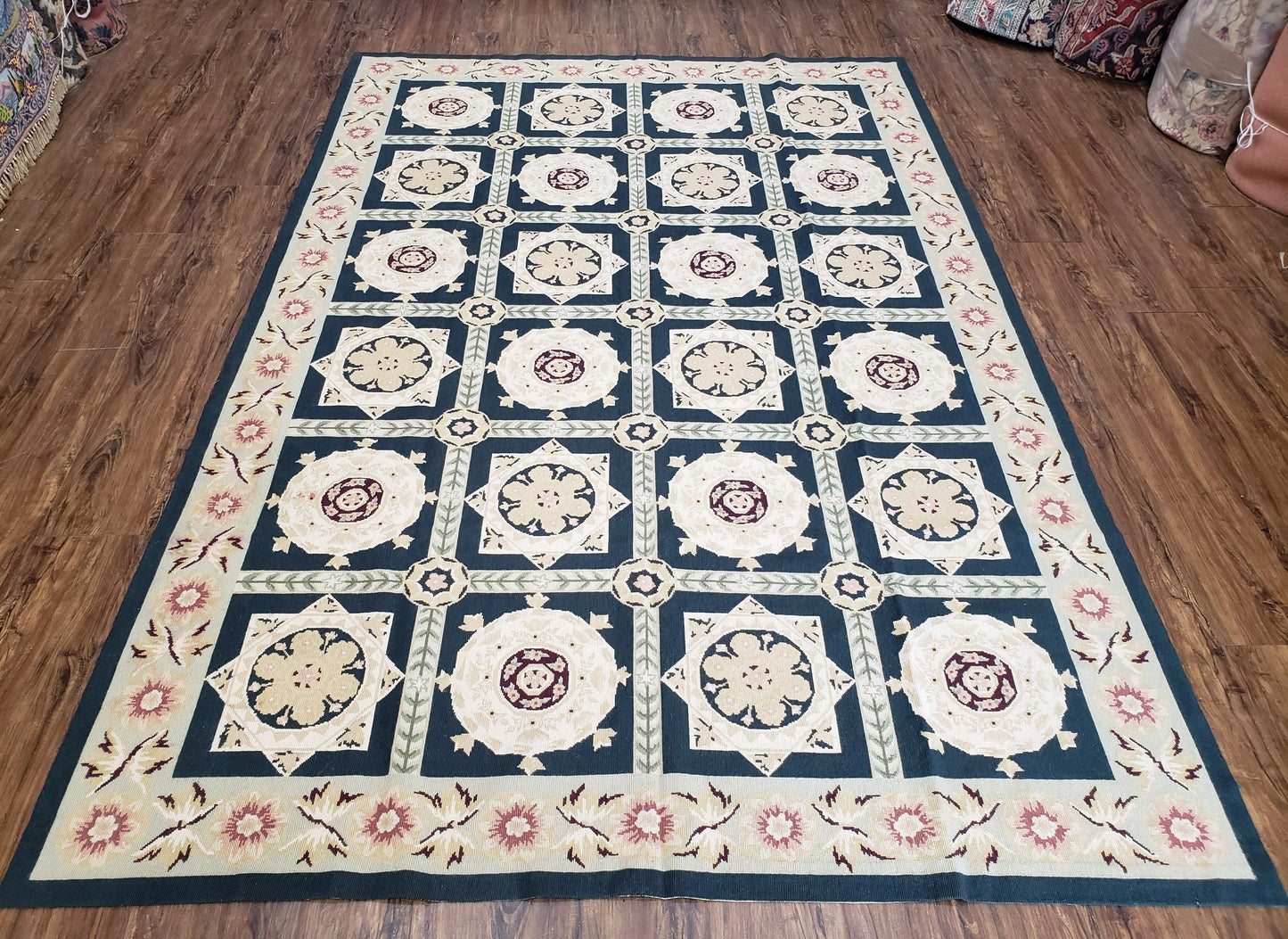 Vintage Chinese Needlepoint Rug 6x9, Panel Design Area Rug Wool Hand-Woven Black & Ivory Carpet Flat Weave Bedroom Rug 6 x 9 Living Room Rug