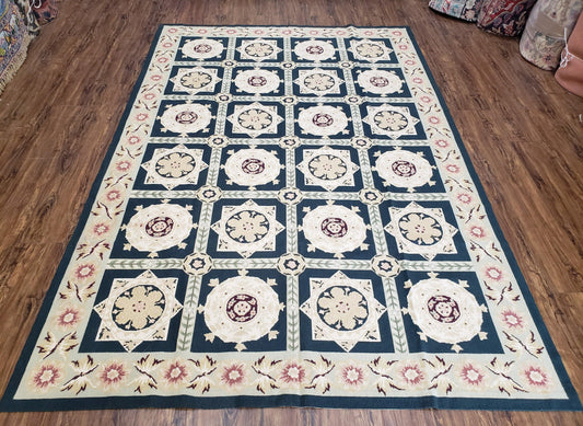 Vintage Chinese Needlepoint Rug 6x9, Panel Design Area Rug Wool Hand-Woven Black & Ivory Carpet Flat Weave Bedroom Rug 6 x 9 Living Room Rug