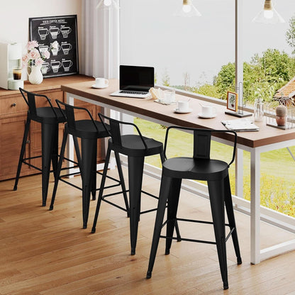 24 Inch Black Outdoor Metal Bar Stools Set of 4 Counter Height Large Ergonomic Seats