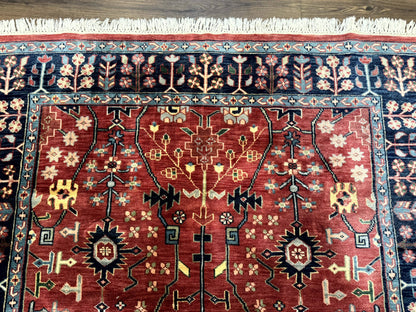 Indo Persian Heriz Serapi Rug 6x8, Rust Red and Navy Blue, Allover Pattern