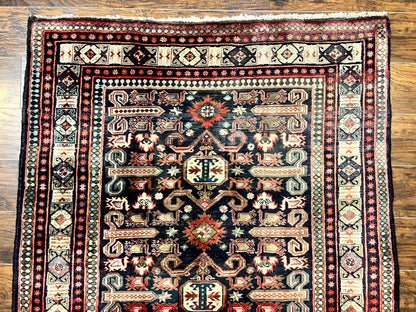 Persian Wide Runner Rug 4.8 x 10, Persian Kalegi Ardabil Rug, Perpedil Caucasian Rug, Antique Handmade Wool Carpet, Navy Blue Red, Tribal Rug