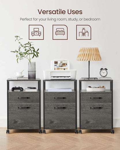Mobile File Cabinet With Wheels 2 Drawers Open Shelf Charcoal Gray And Ink Black