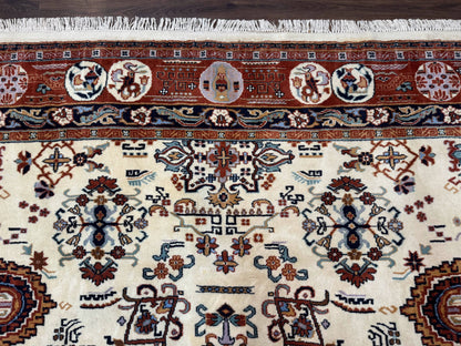 Indo Chinese Wool Rug 9x12, Ivory and Rust Red, Dragon Motifs