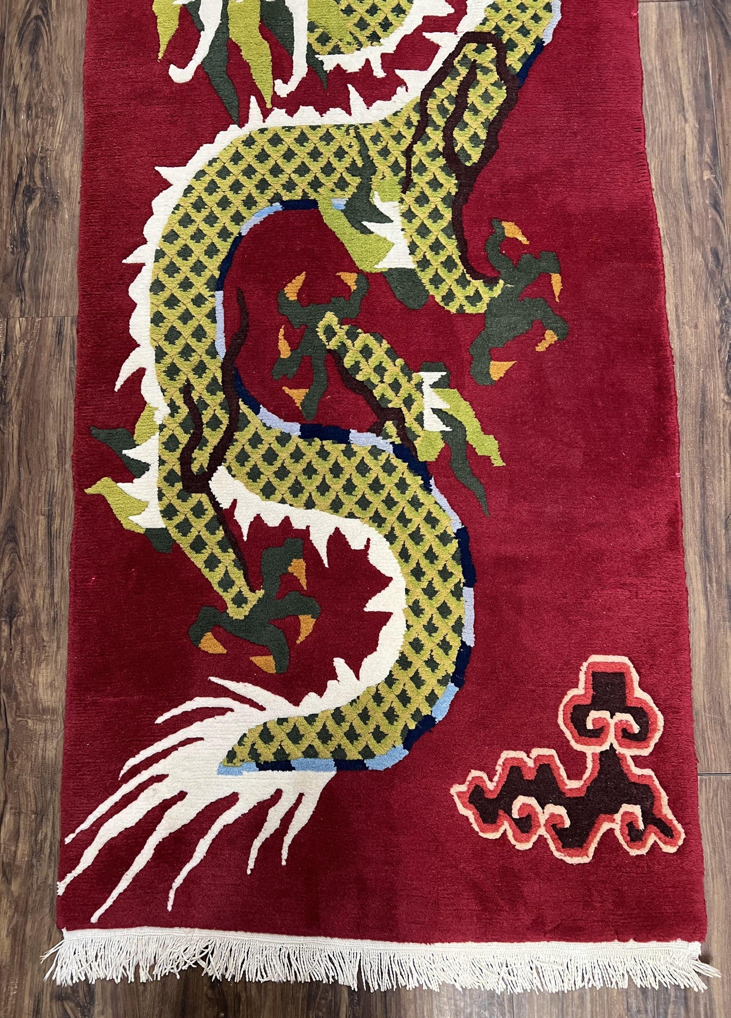 Vintage Chinese Dragon Rug 3 x 6.8, Handmade Hand Knotted Red Chinese Carpet with Gold Dragon, Art Deco Peking Soft Chinese Rug Runner