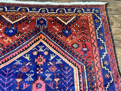 Persian Tribal Rug 5x7, Wool Handmade Vintage Hamadan Nahavand Carpet, Red & Navy Blue, Animal Motifs, Geometric Oriental Rug 5 x 7