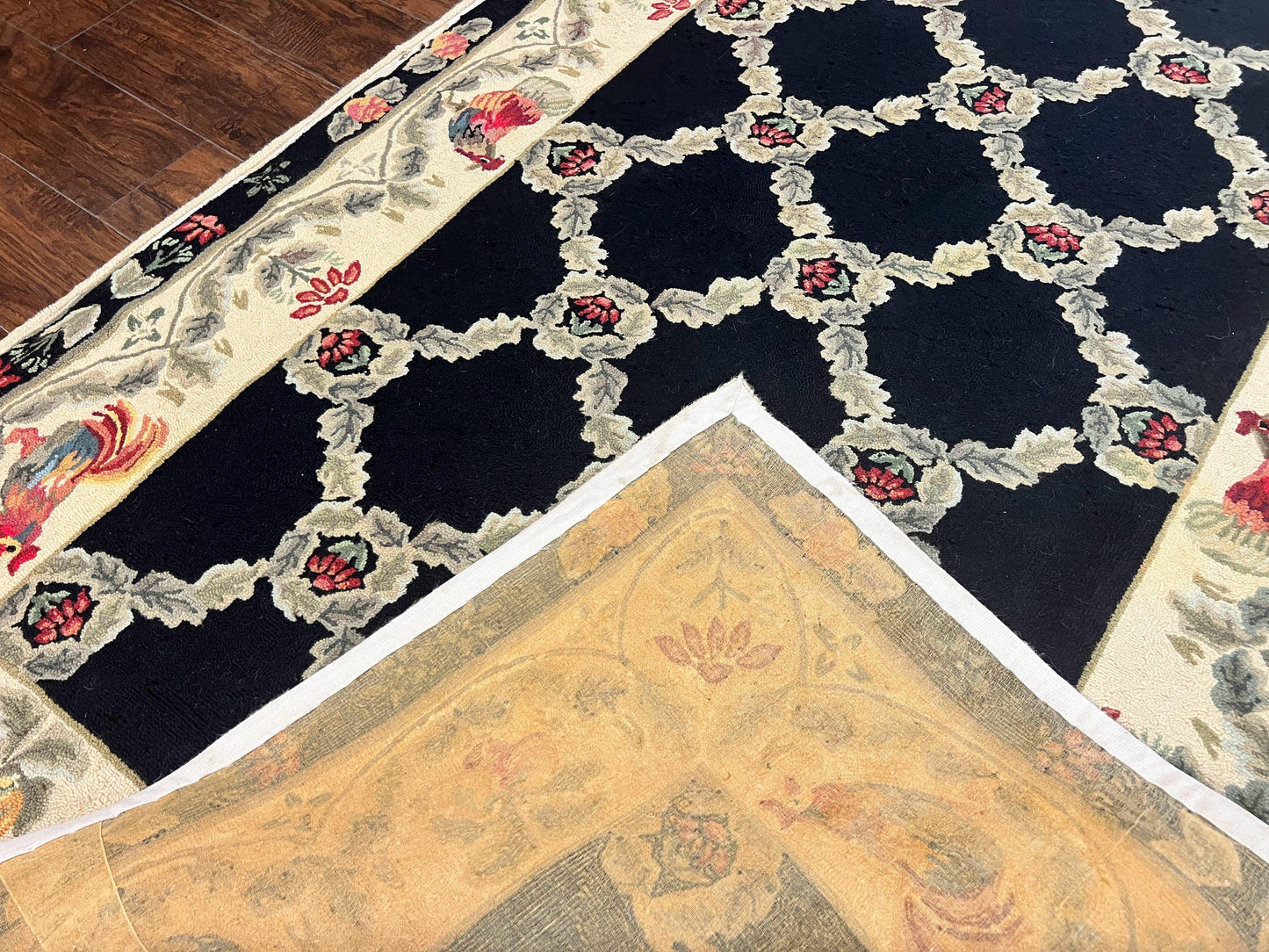 Hooked Rug 5x8, European Aubusson Pattern, Black and Ivory, Roses & Roosters, Vintage Wool Rug