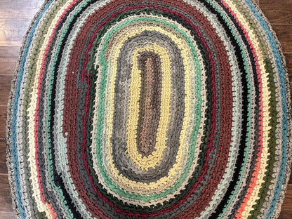 Antique American Braided Rug 5x7, Oval Multicolor Handmade Wool Braided Carpet