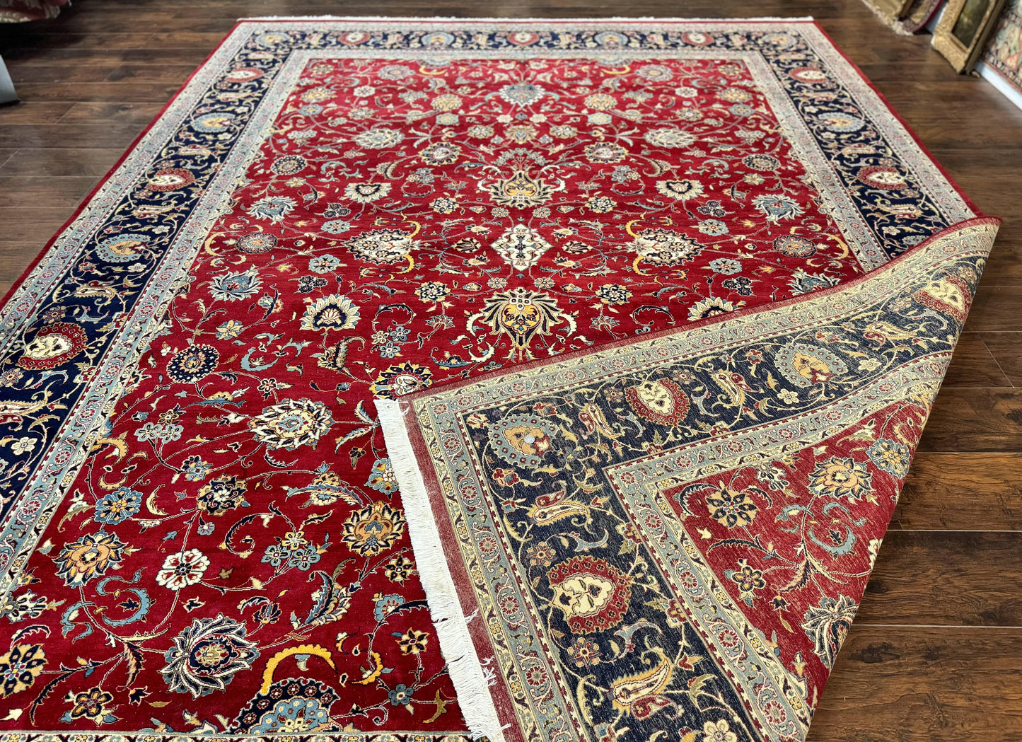 Pak Persian Rug 9x12, Red and Navy Blue, Floral Allover, Hand Knotted Vintage Wool Carpet, Fine 260 KPSI