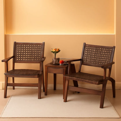 3 Piece Patio Conversation Set With Solid Eucalyptus Wood Frame And Brown Rattan Wicker