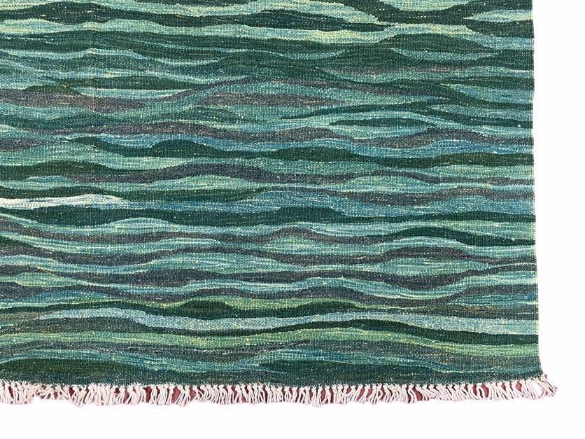Sea Green Kilim Area Rug, White Blue Red Stripes, Russian Flag Rug, Flatweave Hand Knotted Carpet, Turkish Carpet, Wool, New, 5' 6" x 7' 10"