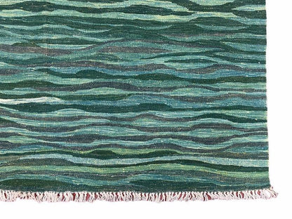 Sea Green Kilim Area Rug, White Blue Red Stripes, Russian Flag Rug, Flatweave Hand Knotted Carpet, Turkish Carpet, Wool, New, 5' 6" x 7' 10"