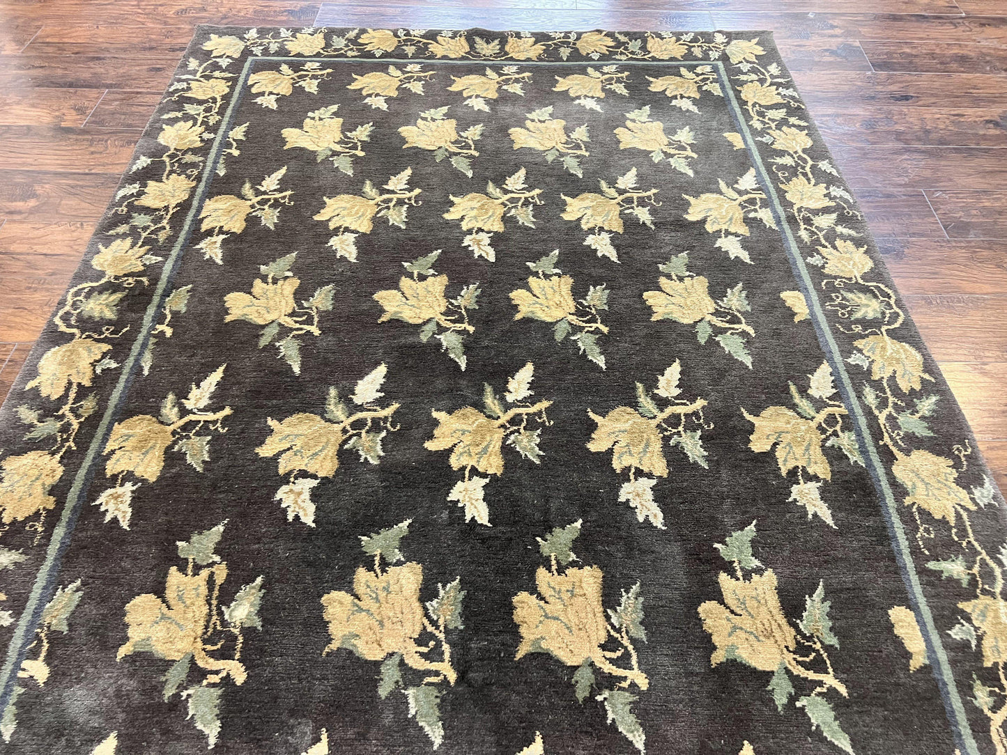 Tibetan Nepal Rug 6x9, Wool Hand Knotted Vintage Carpet 6 x 9, Dark Green & Golden Yellow, Floral Bouquets