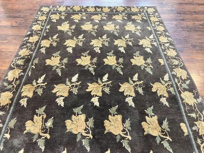 Tibetan Nepal Rug 6x9, Wool Hand Knotted Vintage Carpet 6 x 9, Dark Green & Golden Yellow, Floral Bouquets